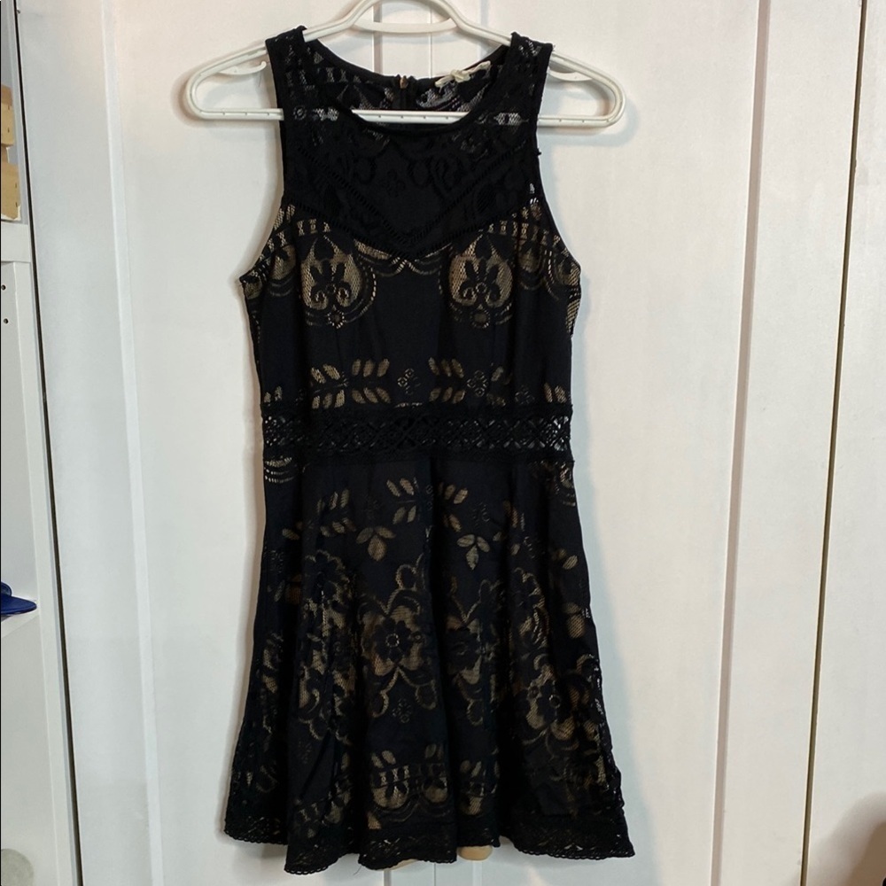 Rebellion Black Lace Tan Under Fit & Flare Mini Dress Halter Sleeveless Cocktail